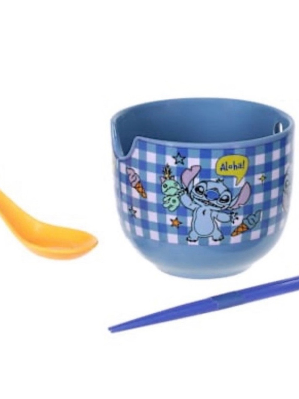 NWT Stitch Aloha Blue Checkered Bowl with Chopsticks - Picture 4 of 9